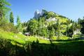 Ein unwirkliche und eher mrchenhaft anmutende Waldlichtung mit einer kleinen Htte und dahinter mein Gipfelziel: Der Dreibrderkogel - auf den rechten der beiden im Bild erkennbaren Trme wollte ich heute aufsteigen.