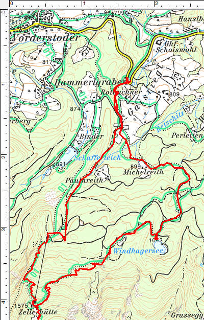 Der Routenverlauf im unteren Abschnitt mit Rundtour über den Windhagersee