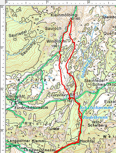 Routenverlauf Oberer Abschnitt: Langpoltenalm - Liezener Hütte - Kleinmölbing