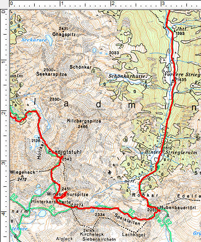 Routenverlauf im obersten Abschnitt über den Predigstuhl