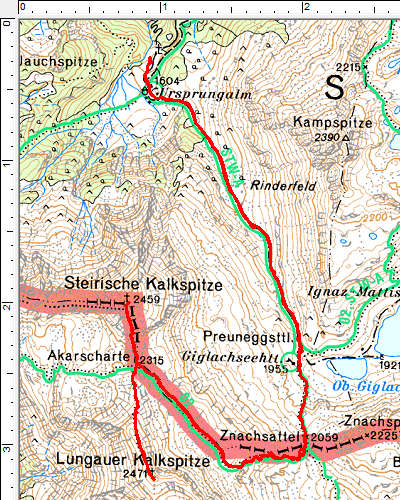 Routenverlauf auf Steirische und Lungauer Kalkspitze