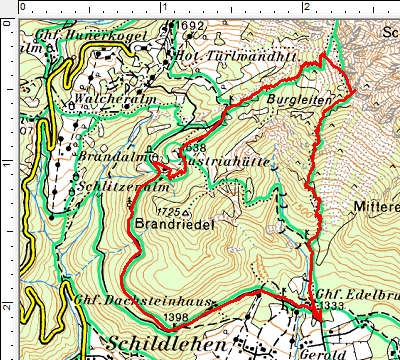 Routenverlauf Jungfrauensteig - Austriahütte - Brandalm